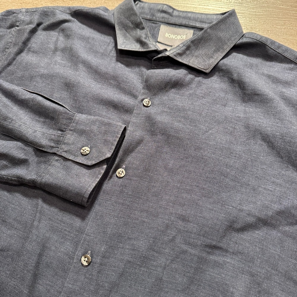 Bonobos Shirt Mens XXL Long Blue Herringbone Standard Fit Button Up Cotton Adult